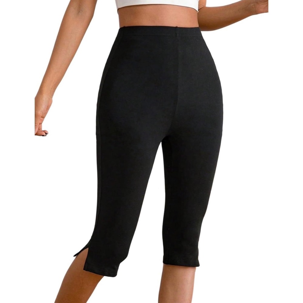 Verdusa Womens Split Capri Leggings High Waisted Knee Length Shorts Black